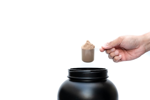 Foto sabor de proteína de soro de leite em pó com medida de colher.