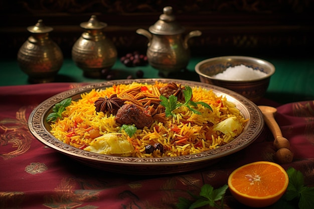 Foto el sabor de la tradición, el agua de la boca, el biryani de cordero, se encuentra con el esplendor artístico.