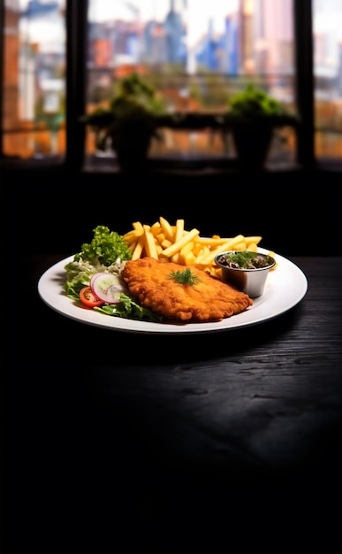 Foto un sabor a la tradición sabrosas salchichas schnitzel deliciosas papas fritas y ensalada culinaria