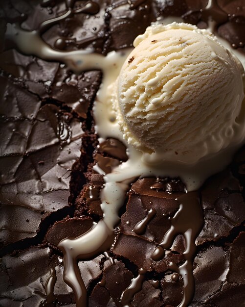 Foto saborea la decadente fusión de pastel de chocolate y helado de chocolate de vainilla sedoso