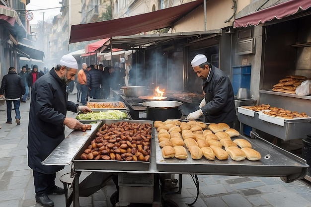 Foto saboreando as delícias da rua de istambul sanduíches de peixe e castanhas assadas em 26 de abril de 2018