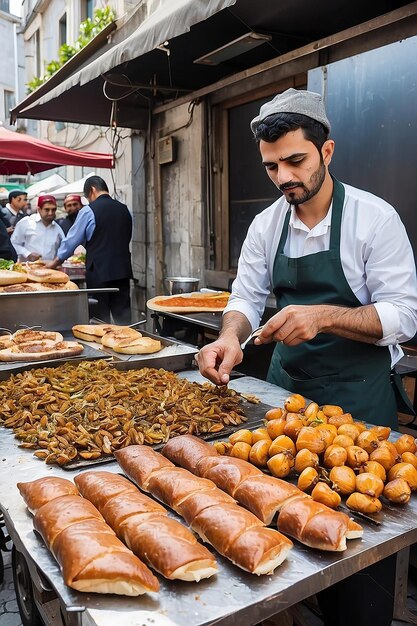 Foto saboreando as delícias da rua de istambul sanduíches de peixe e castanhas assadas em 26 de abril de 2018