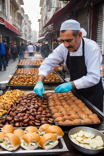 Foto saboreando as delícias da rua de istambul sanduíches de peixe e castanhas assadas em 26 de abril de 2018