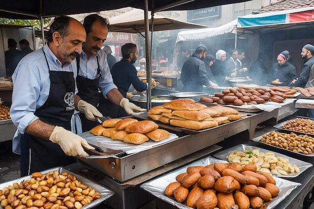 Foto saboreando as delícias da rua de istambul sanduíches de peixe e castanhas assadas em 26 de abril de 2018