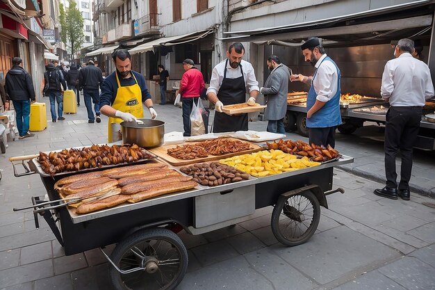 Foto saboreando as delícias da rua de istambul sanduíches de peixe e castanhas assadas em 26 de abril de 2018