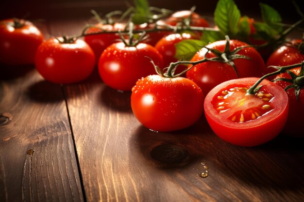 Saboreando la belleza Un cautivador primer plano de tomates en una mesa de madera