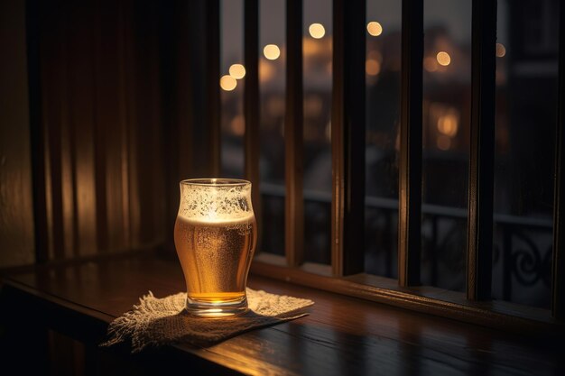 Saboreando una cerveza fría en el balcón con amplio espacio para copiar