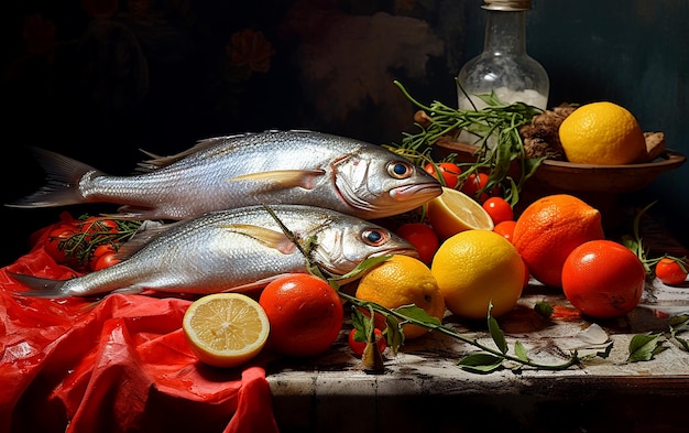 Saborear el pescado de mar en una mesa con tomates y limones
