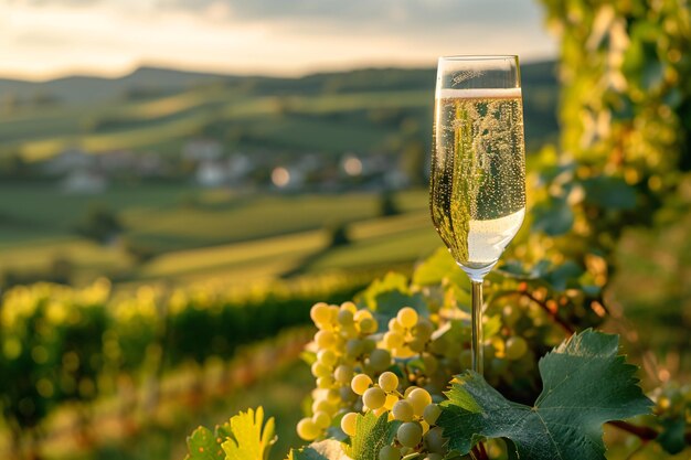 Foto saborear vinho branco espumante de alta qualidade com champanhe efervescente enquanto admira os exuberantes vinhedos de pinot noir meunier da frança