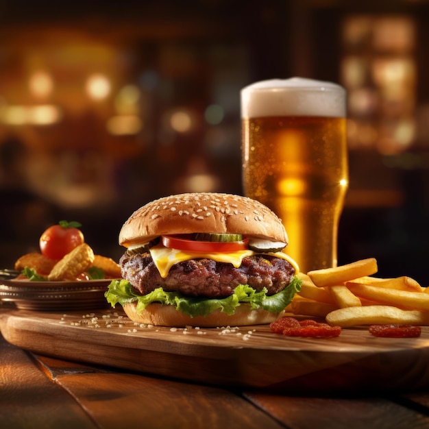 Saboree la mejor comida de bar con una jugosa hamburguesa, papas fritas crujientes y un refrescante vaso de cerveza en un plato de madera rústico Perfecto para salir de noche con amigos IA generativa