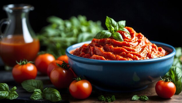 Foto saboreie de perto o sabor do saboroso molho de tomate numa tigela tentadora na mesa