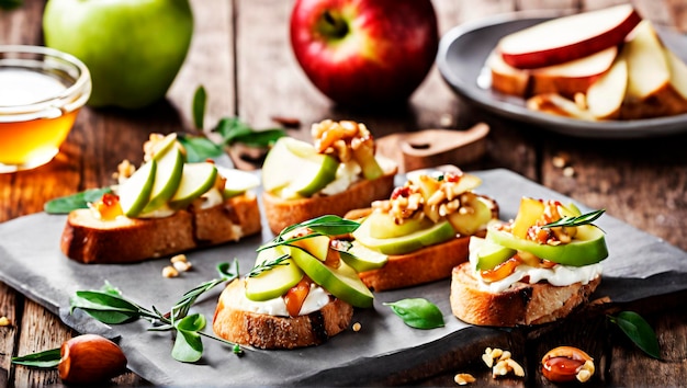 Los sabores del brie de manzana de otoño y la bruscheta de miel