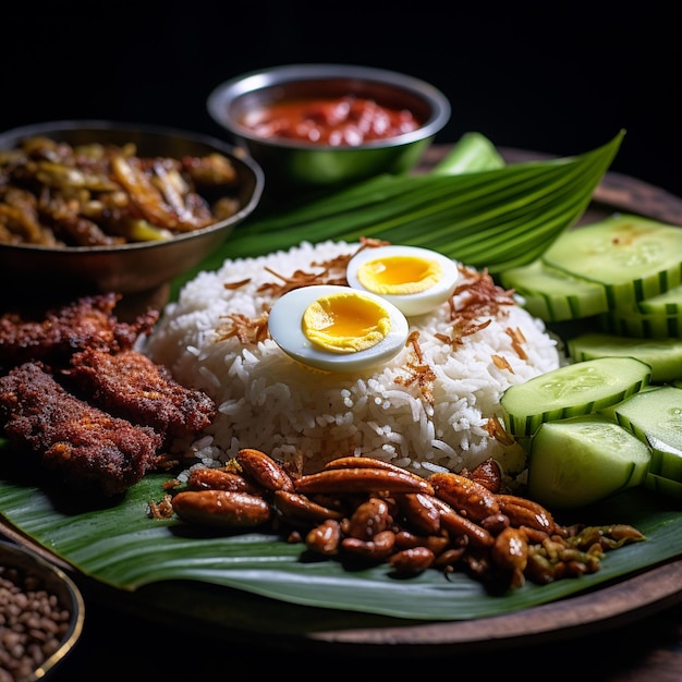 Foto sabores da malásia nasi lemak delícia em folhas de banana