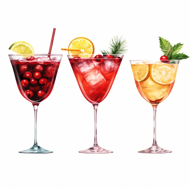 Sabores festivos Exquisita bebida roja de Navidad PNG en cinco vasos diferentes Martini limonada a