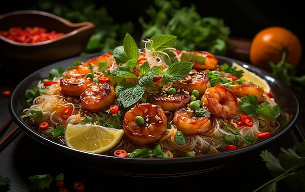 Sabores de fideos frescos de Tailandia con camarones y maní