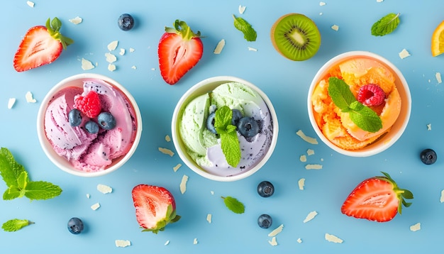 Sabores gourmet de helado italiano servido en tazas de papel de helado individuales sobre fondo azul sorbet de fresa helado de arándano con sorbet de naranja y helado de kiwi decoración con menta