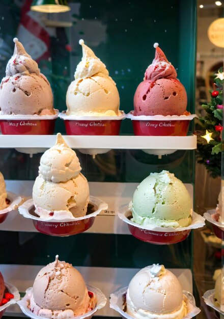 Sabores de helado con temática navideña en una tienda con una exhibición festiva