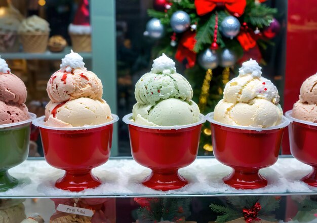 Sabores de helado con temática navideña en una tienda con una exhibición festiva