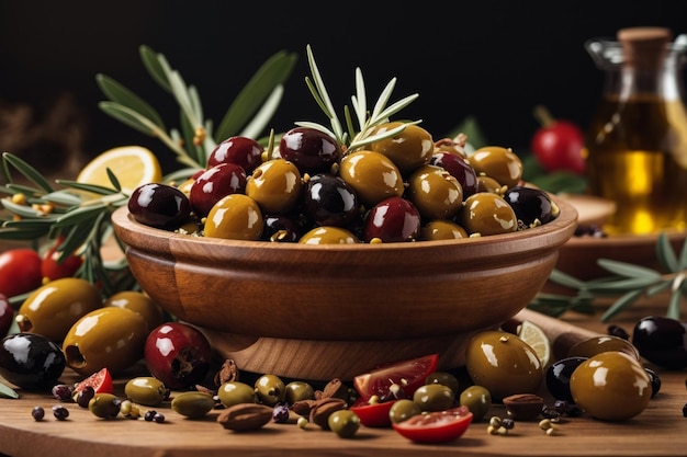 Sabores mediterráneos aceitunas y especias en conjunto