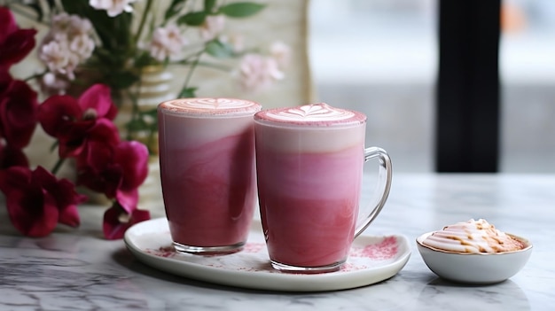 sabores vibrantes da natureza com dois lattes de beterraba rosa servidos em copos elegantes em um mármore chique