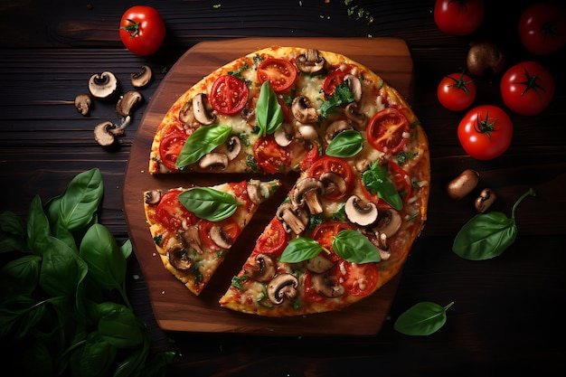 Saborosa pizza italiana Margherita com azeitonas de tomate extra frescas e guarnições de manjericão em uma placa de madeira