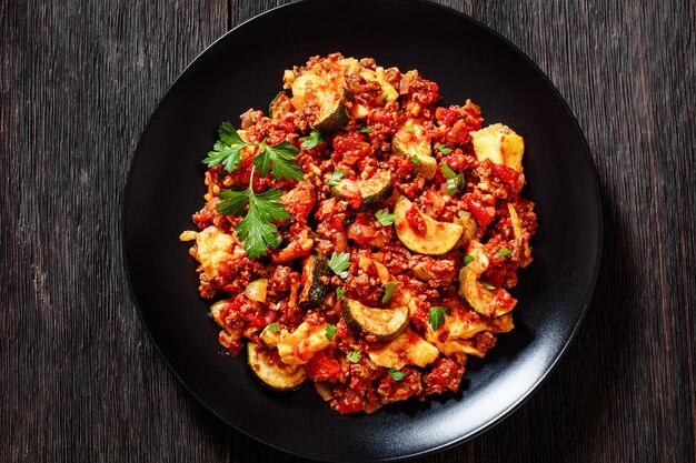 Foto saborosa polenta carne moída casserole em prato preto