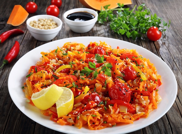 Saborosa salada de abóbora quente com tomate, pimentão, cebola, sementes de gergelim e pinhões