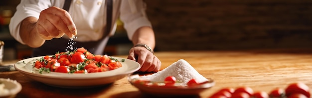 Saborosa Salada de Tomate Chef polvilhando sal em uma salada de tomate em uma mesa de madeira com espaço para texto