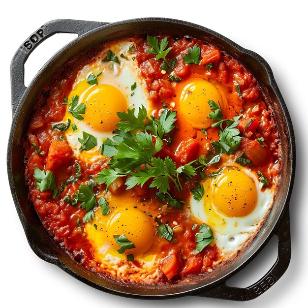 Foto saborosa shakshuka isolada em fundo branco