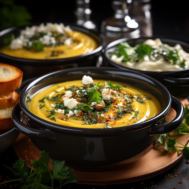 Saborosa sopa de creme de abóbora com legumes em tigelas