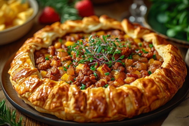 Saborosa tarta de carne con relleno y guarnición de verduras