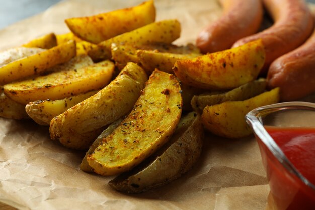 Saborosas fatias de batata, molho e salsicha, close-up