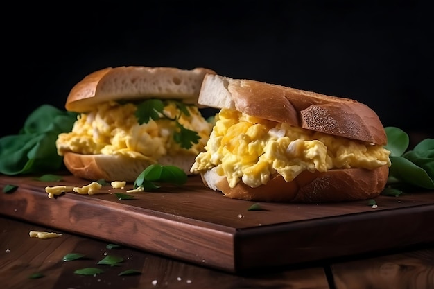 Saborosas sanduíches de ovos mexidos em tábuas de madeira escura Ai Generative
