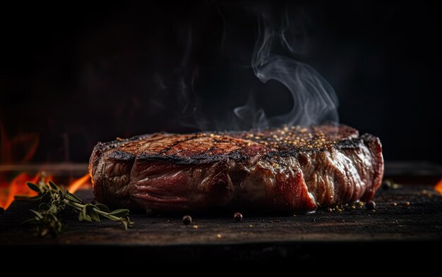 Saboroso bife de carne assada cozinhando sobre a grelha com chamas