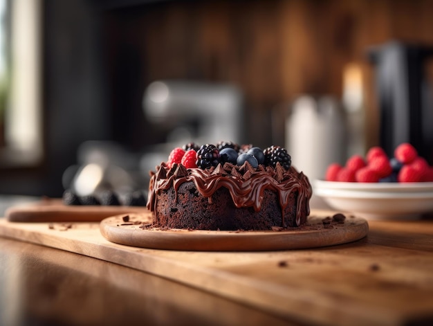 Saboroso bolo de chocolate caseiro na mesa Generative AI