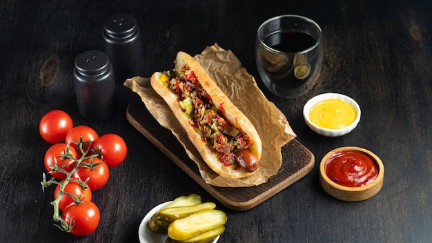 Saboroso cachorro-quente com molho de tomate cereja e cola em fundo preto