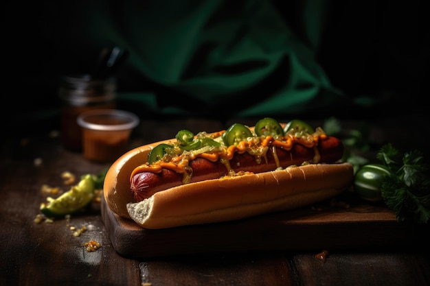 Saboroso cachorro-quente com salsicha suculenta e coberturas coloridas