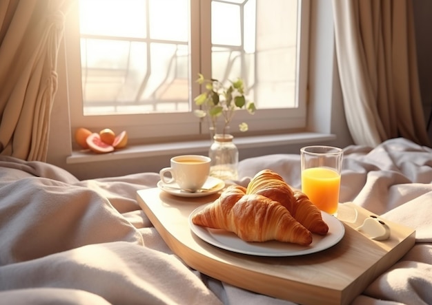 Saboroso café da manhã na cama com croissants frutas e suco Generative AI