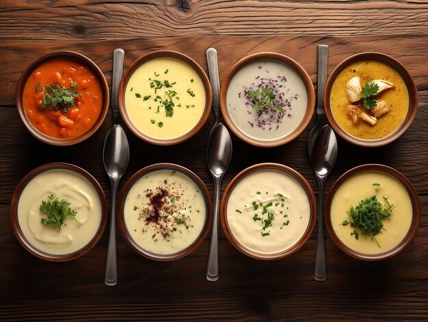 Saboroso caldo y diferentes sopas cremosas en cuencos en una mesa de madera dieta ceto