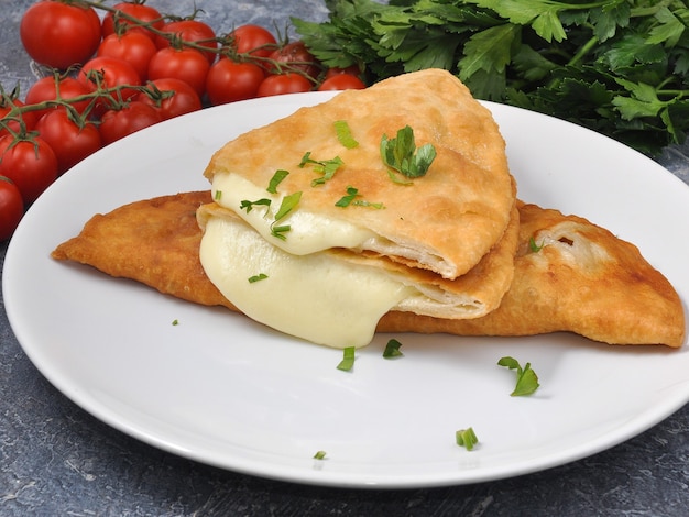 Saboroso cheburek com queijo e ervas em um prato branco