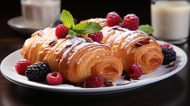 saboroso croissant com frutas na mesa