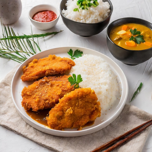 Foto saboroso curry katsu com frango frito e molho servido com arroz e cogumelo no fundo