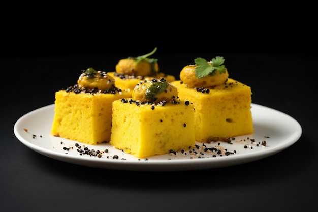 saboroso e delicioso prato gujarati dhokla isolado em fundo preto