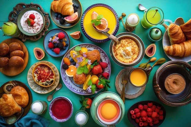 Saboroso e vibrante café da manhã com pratos doces e salgados criados com IA generativa