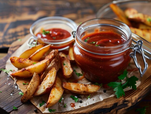 Saboroso frasco de salsa de barbacoa y cuñas de patatas crujientes expuestas en una mesa de madera AR 43