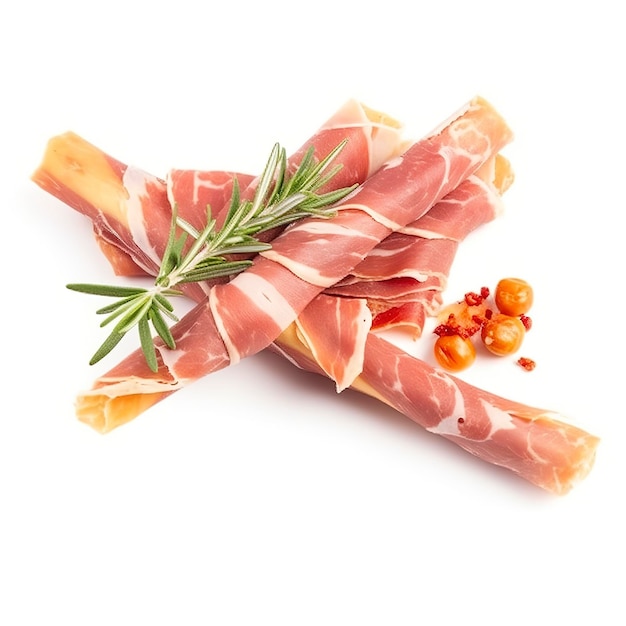 Saboroso Grissini italiano com fatias de jamon em fundo branco gerar ai