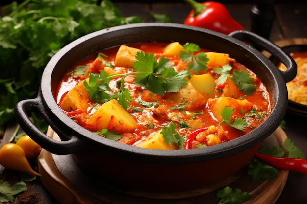 Foto saboroso guiso brasileño moqueca con ingredientes deliciosos y coloridos