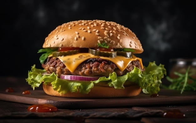 Saboroso hambúrguer de carne com queijo e salada em fundo escuro