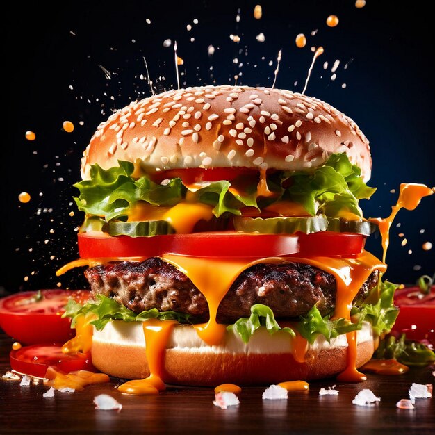 saboroso hambúrguer real com imagem de bandeira dinâmica com queijos ozing pedaços de tomate e suspenso SPLAS