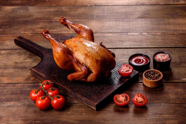 Saboroso peru fresco com especiarias e ervas para uma mesa de férias em família. Celebrações de Natal em família